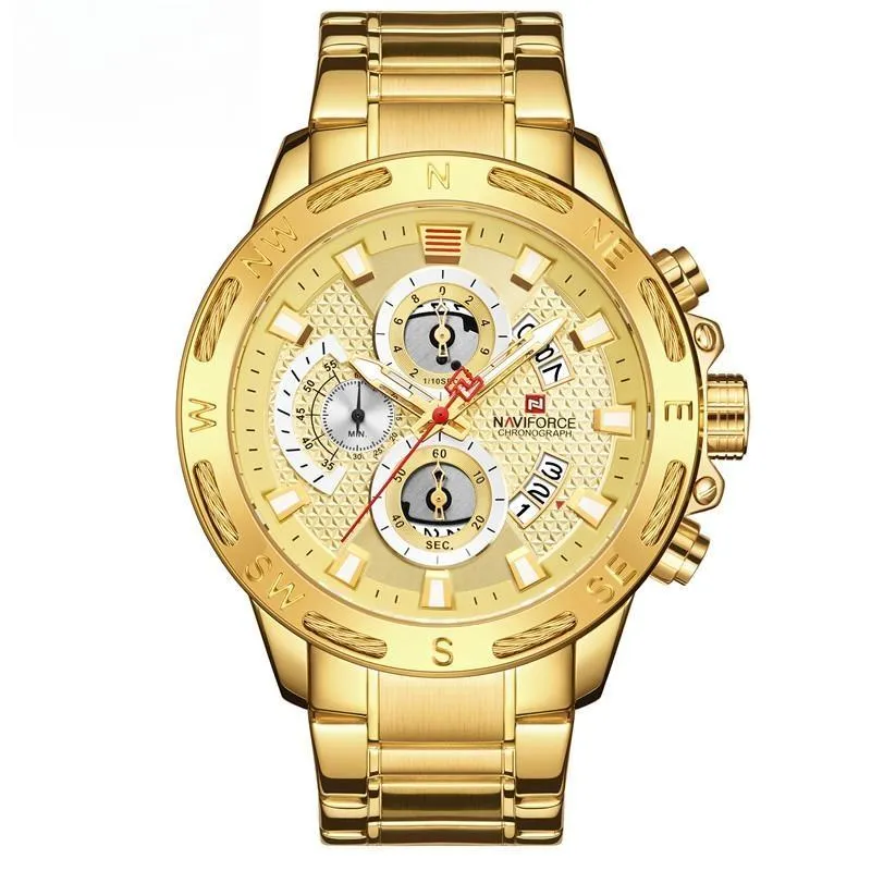 Men's Golden Dial Chronograph Quartz Watches Fashion Waterproof Stainless Steel Wristwatches