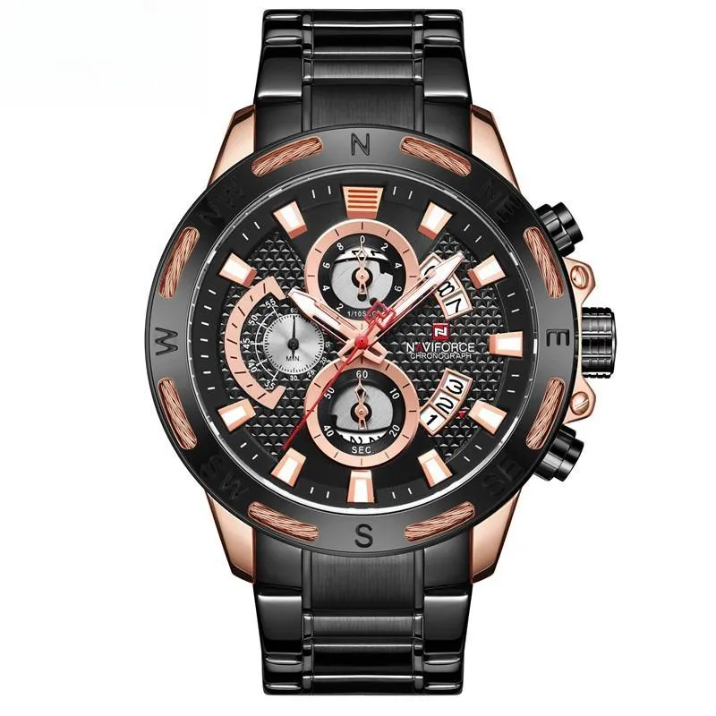 Men's Golden Dial Chronograph Quartz Watches Fashion Waterproof Stainless Steel Wristwatches
