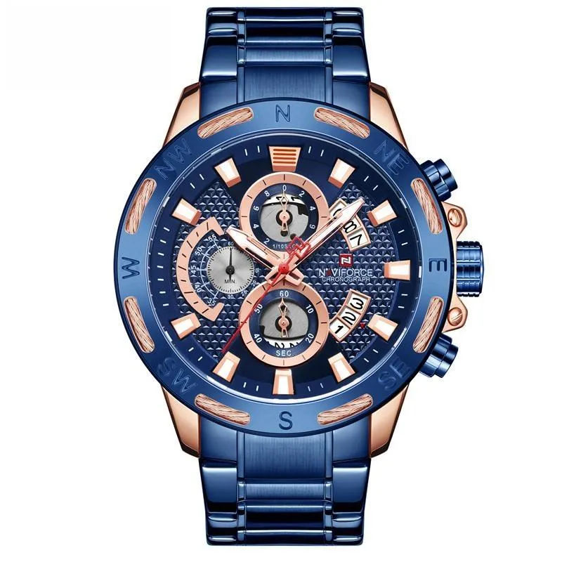 Men's Golden Dial Chronograph Quartz Watches Fashion Waterproof Stainless Steel Wristwatches