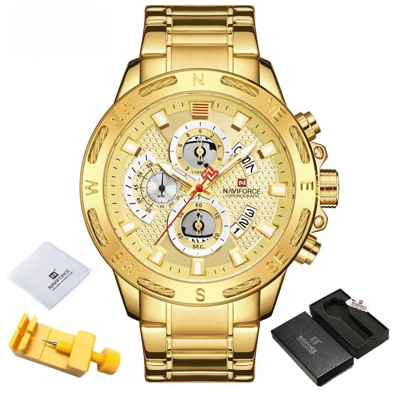 Men's Golden Dial Chronograph Quartz Watches Fashion Waterproof Stainless Steel Wristwatches