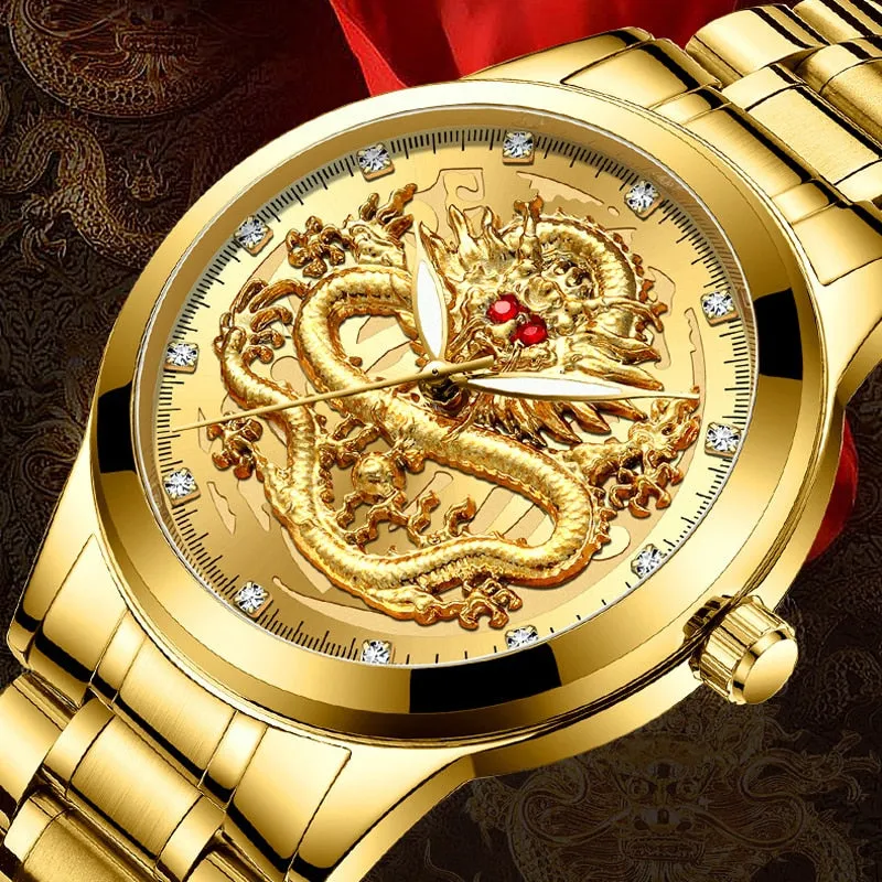 New Golden Mens Watches Top Brand Luxury Chinese Dragon