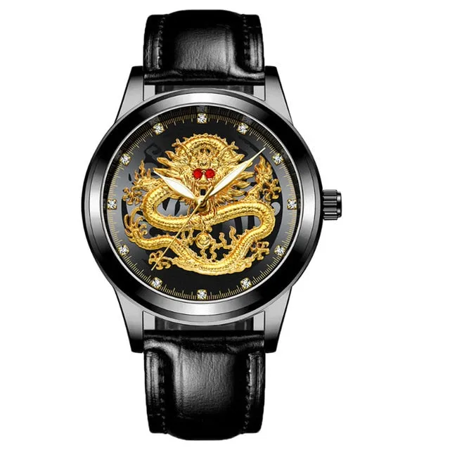 New Golden Mens Watches Top Brand Luxury Chinese Dragon