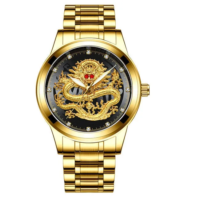 New Golden Mens Watches Top Brand Luxury Chinese Dragon