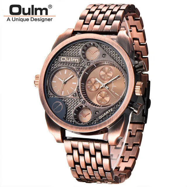Oulm Luxury Brand Men Full Steel Quartz Watch Golden Big Size Men's Watches Antique Military Watch Male Relogio Masculino