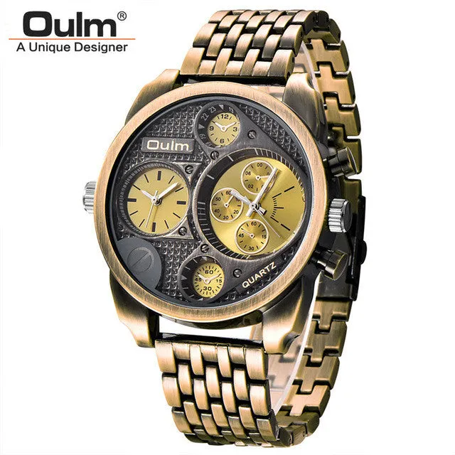 Oulm Luxury Brand Men Full Steel Quartz Watch Golden Big Size Men's Watches Antique Military Watch Male Relogio Masculino