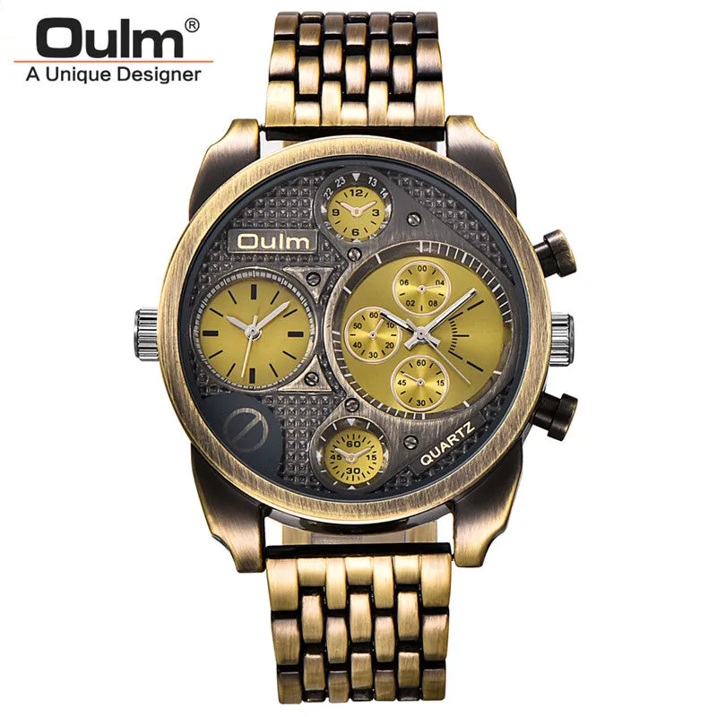 Oulm Luxury Brand Men Full Steel Quartz Watch Golden Big Size Men's Watches Antique Military Watch Male Relogio Masculino