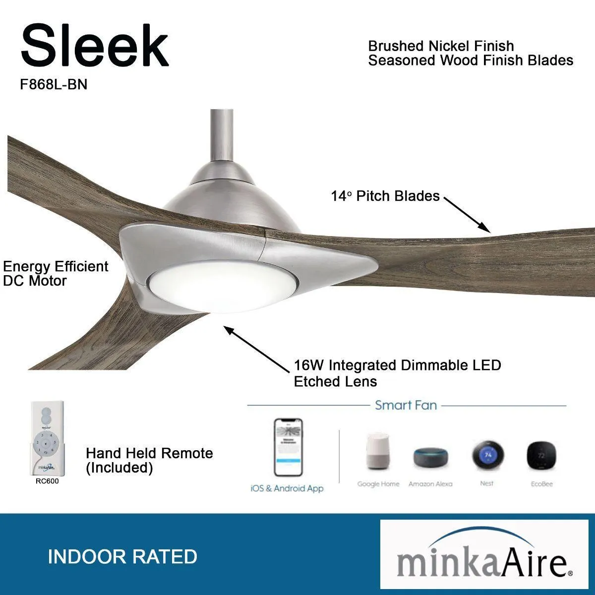 Sleek LED 60" Smart Ceiling Fan with Remote, Brushed Nickel