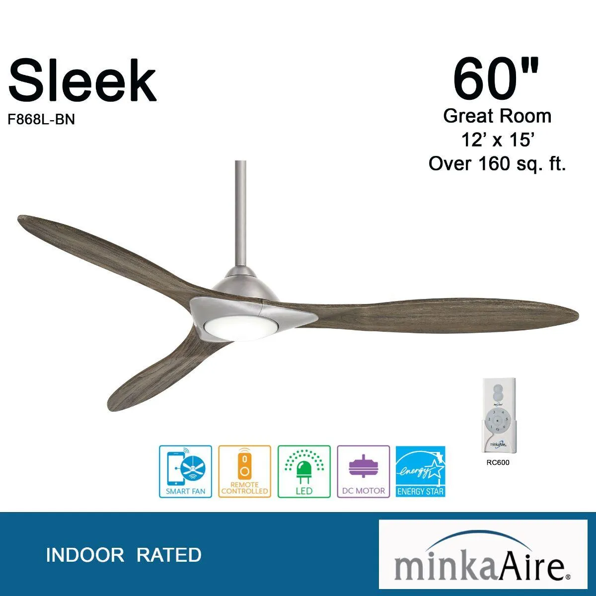 Sleek LED 60" Smart Ceiling Fan with Remote, Brushed Nickel