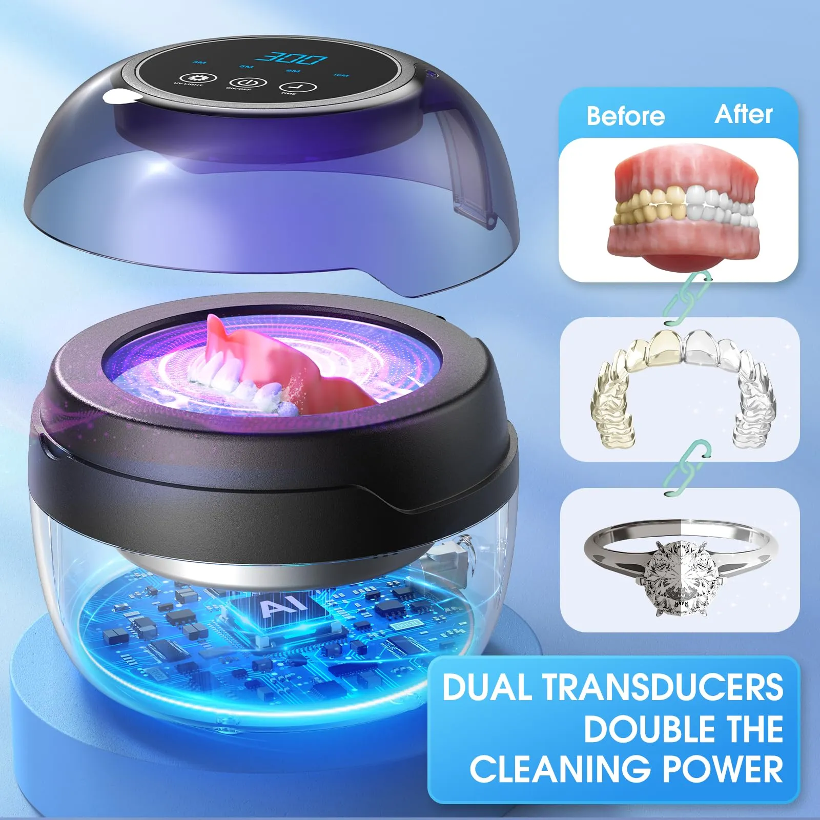 Ultrasonic Retainer Cleaner, 250ML Retainer Cleaner Machine for Dentures, Mouth Guards, Braces, Toothbrush Heads, Jewelry, 50kHz ultrasonic Cleaner with 4 Modes for All Dental Appliances (Black Gre)