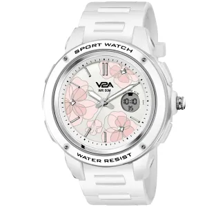 V2A Analog Digital 5ATM Waterproof Fashion Sports Watch with Backlight Alarm Stopwatch for Women and Girls (White Color Dial and Strap)
