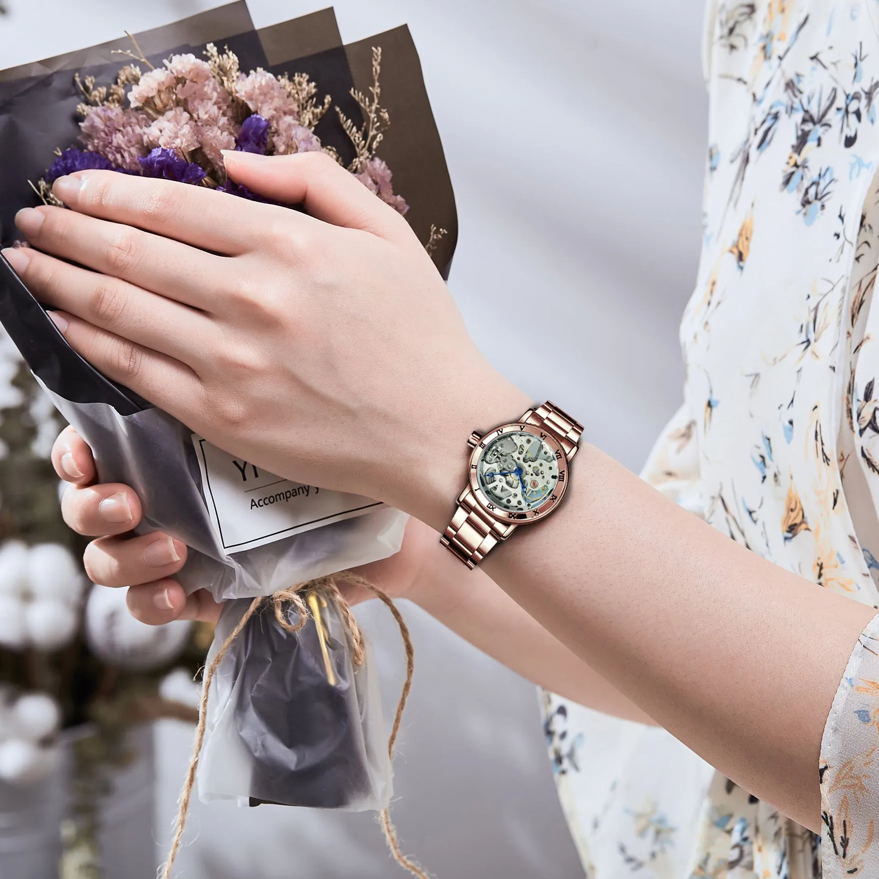 WINNER Official Skeleton Watch Women Top Luxury Brand Automatic Mechanical Watches Golden Steel Strap Elegant Dress Lady Clock