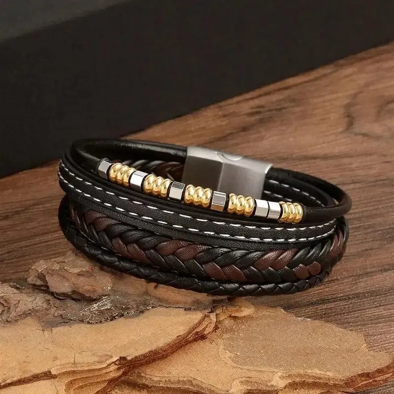 Wrap Bracelet Leather Mens Stack Charm Stitch