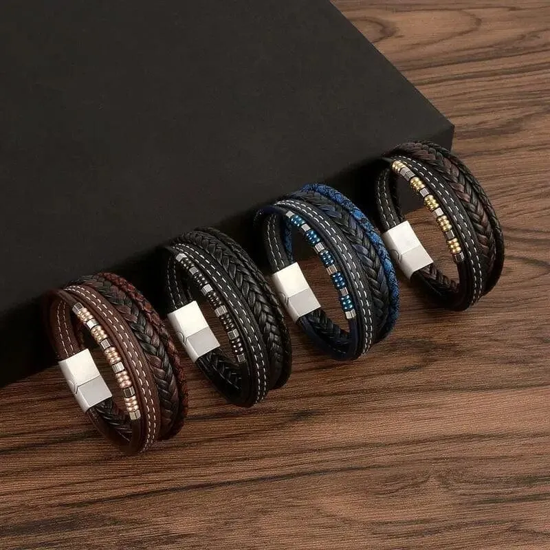 Wrap Bracelet Leather Mens Stack Charm Stitch